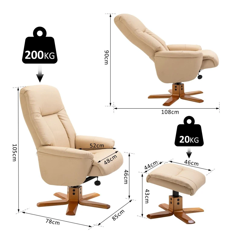 HOMCOM PU Leather Recliner Armchair & Footrest 2 Pcs Duo Set Beige