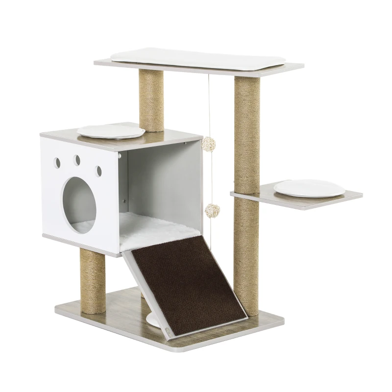 PawHut Cat Tree Tower for Indoor Cats 80cm Climbing Activity Center Kitten Furniture with Jute Scratching Post Pad Ramp Condo Perch Cushion Hanging Ball Velcro Light Grey