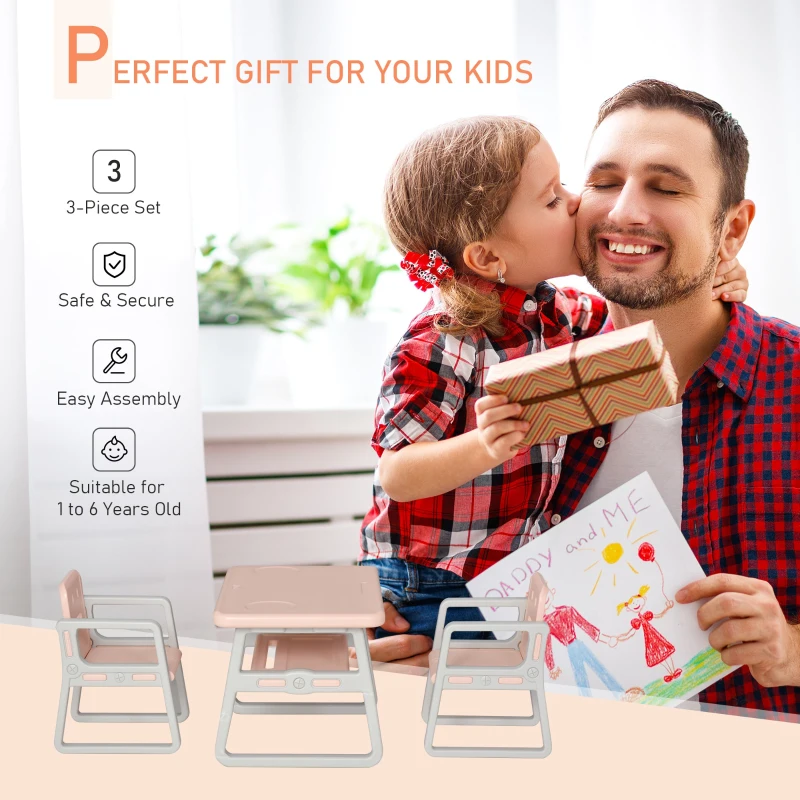 HOMCOM Kids Table and Chairs Set Activity Play Table Writting Desk w/ 2 High-Back Chairs Storage Tray for Boys Girls Toddlers Age 1 to 6 Years Pink