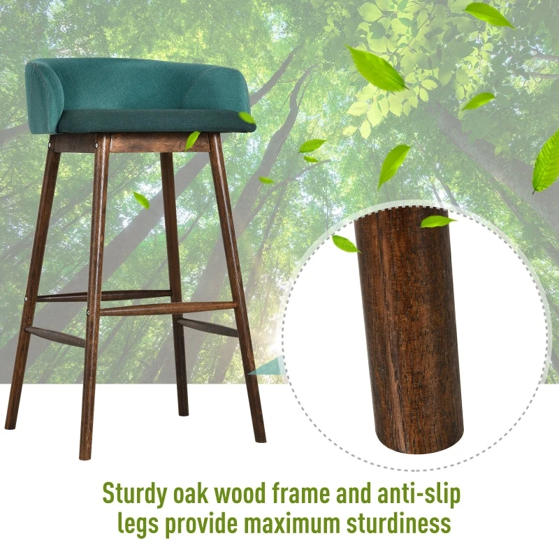 HOMCOM Oak Wood Upholstered Dining Bar Stool Green