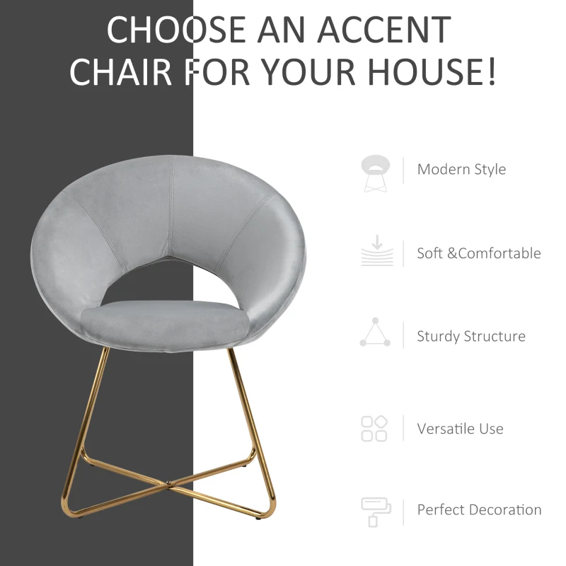 HOMCOM Modern Accent Chairs Velvet Upholstered Armchair with Gold Legs for Living room Bedroom Dinning Room Grey