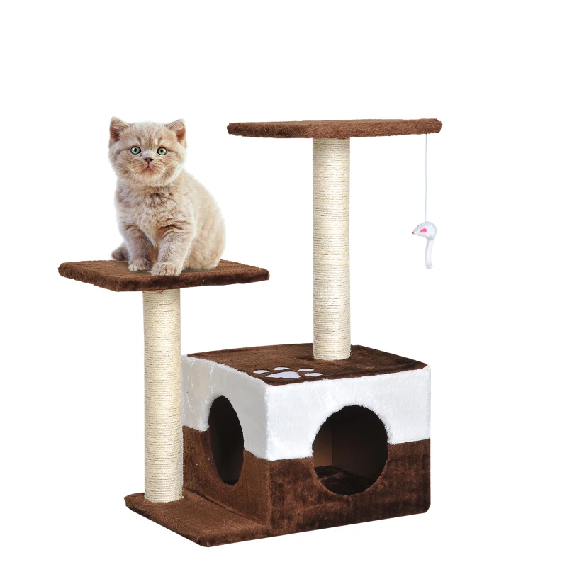 PawHut Cat Tree Tower for Indoor Cats Kitten House Scratching Posts with Condo Perch Interactive Mouse Toy, 45 x 33 x 70 cm, Brown