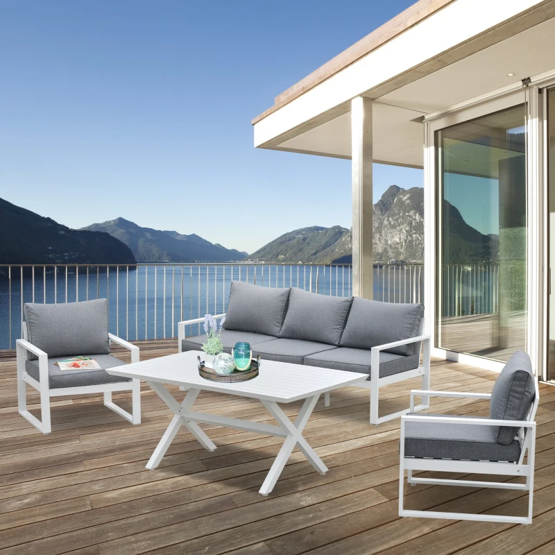 Outsunny 4-Piece Garden Furniture Set Outdoor Patio Dining Table with Cushioned Seat Chairs 5-Seater All-Weather Aluminum Frame