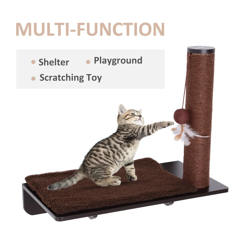 PawHut Cat Wall-Mounted MDF Hemp Rope Scratching Post Shelf Brown