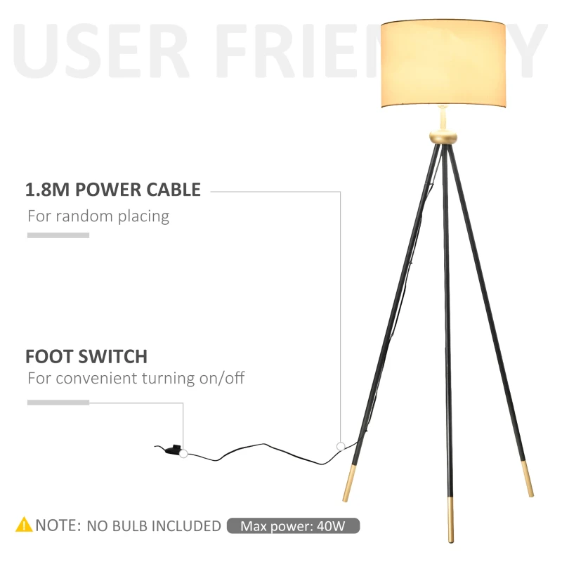 HOMCOM Modern Floor Lamp Free Standing Cloth Lampshade E27 Lamp Holder Metal Tripod Living Room Lamp Black + Gold 56 x 56 x 137cm