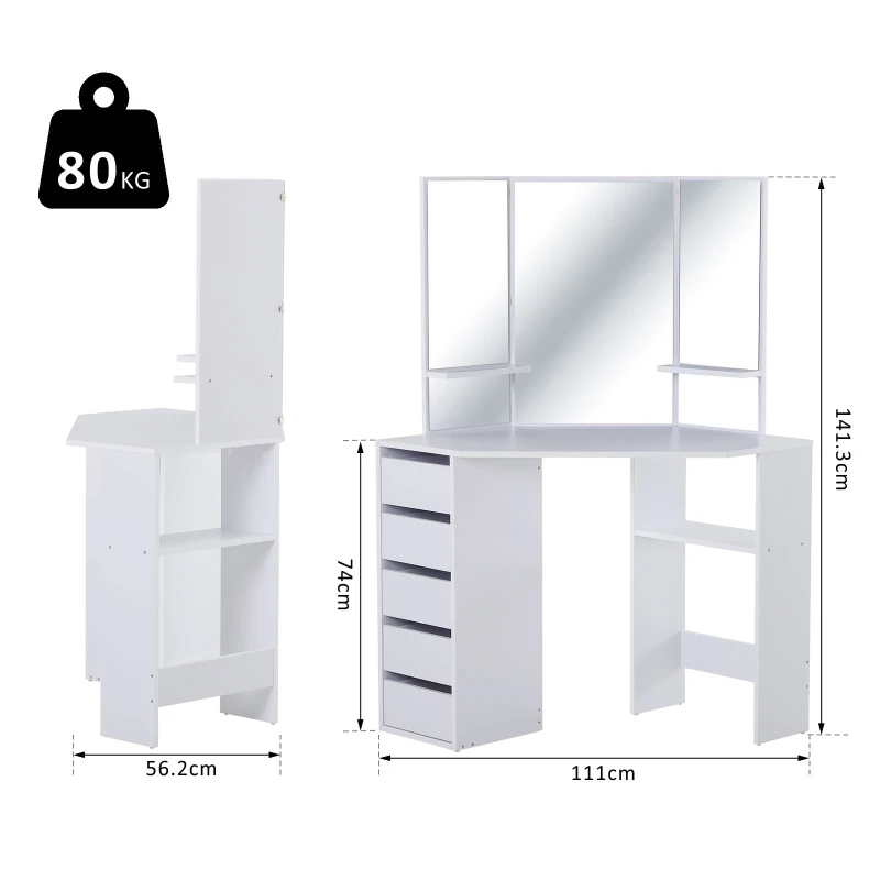 HOMCOM Particle Board Tri-Mirror Dressing Table w/ 5 Drawers & 2 Shelves White