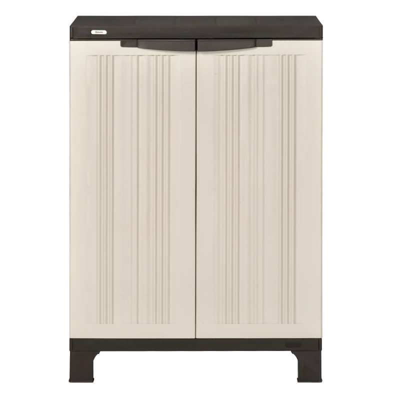 Outsunny Plastic Utility Cabinet Garden Tool Shed Patio Double Door Storage Closet Adjustable Shelves, 65x37x91.4cm, Beige