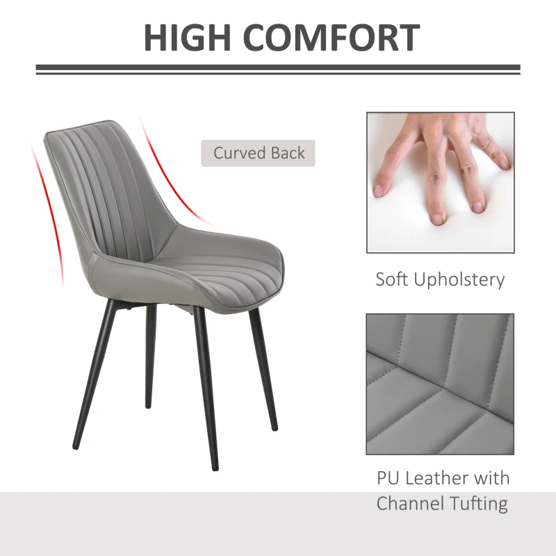 HOMCOM Set Of 2 PU Dining Chairs w/ Cushion Seat Steel Legs Foot Pads Ergonomic Back Home Kitchen Grey