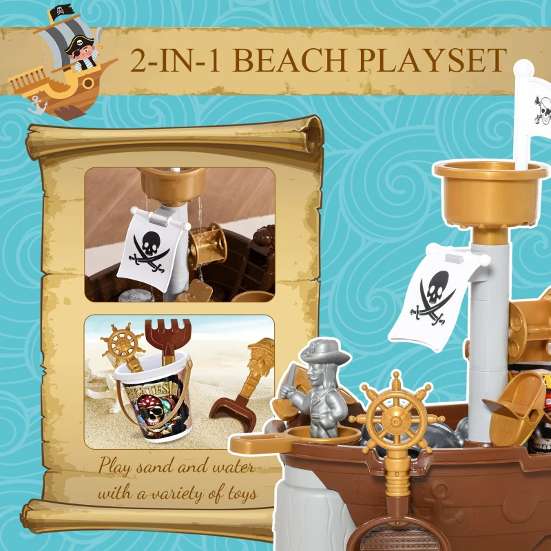 HOMCOM Pirate Ship Theme Sand and Water Table Beach Toy Set 2 in 1 Outdoor Activities Playset for Kids with Accessories 26 Pcs Garden Sandpit Sandbox for Beach Bath 3 Years Old Toddlers