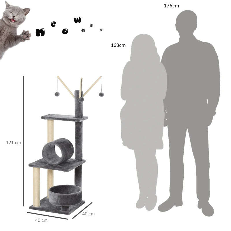 PawHut Cat Tree for Indoor Cats 121cm Kitten Tower Sisal Scratching Post Pet Activity Center Perch Condo Hanging Ball Grey