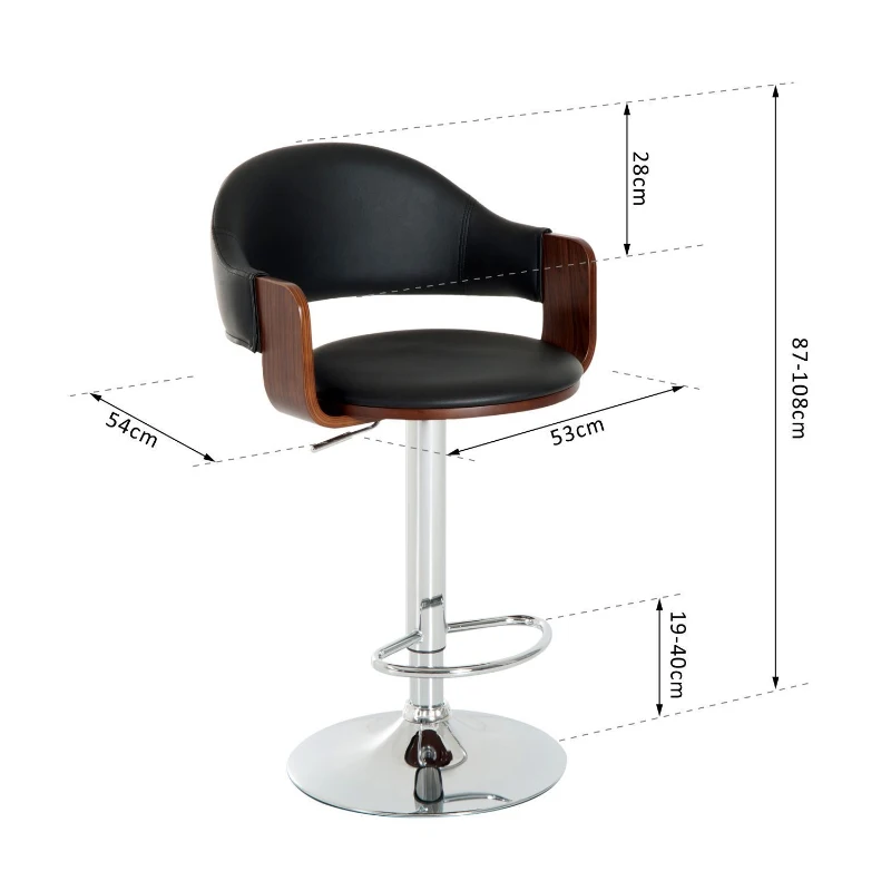 HOMCOM Wooden Frame Swivel Breakfast Bar Stool w/ Armrest Kitchen Pub Dining Chair PU Leather Covered Metal Chrome Base Gas Lift Adjustable Height (Black)