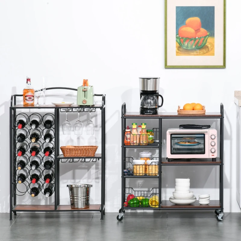 HOMCOM kichen Cart Storage Trolley Dining Serving Cart w/ Shelves Baskets Handles Wheels Home Living Room Kitchen Brown Black