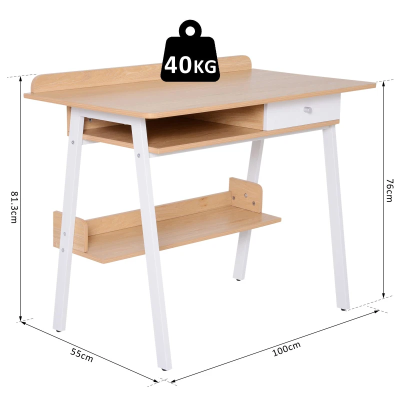 HOMCOM Metal Frame Computer Desk Office Workstation  w/Drawer Shelf White