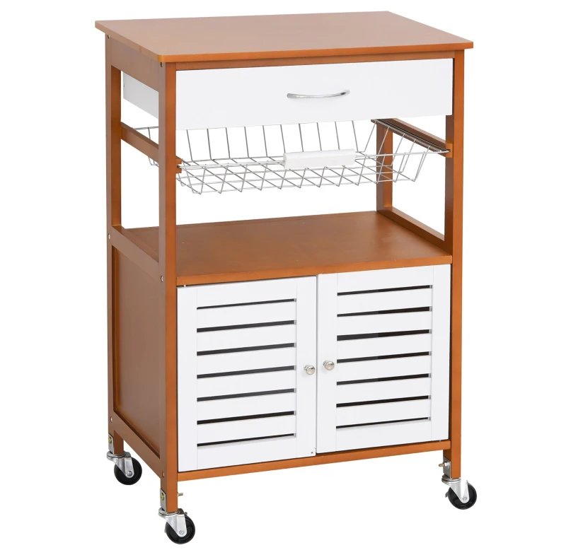 HOMCOM Pine Wood Rolling Kitchen Storage Island White/Brown
