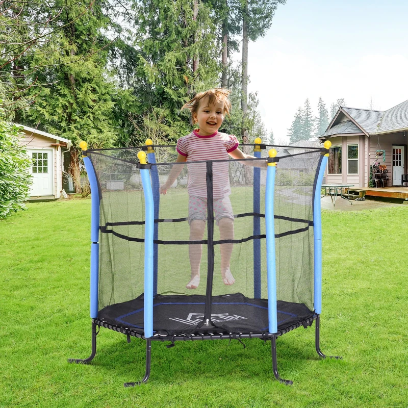 HOMCOM 5FT / 61 Inch Kids Mini Trampoline with Safety Enclosure Net Bungee Design Exercise Rebounder Six Legs Capacity to 60kg Blue