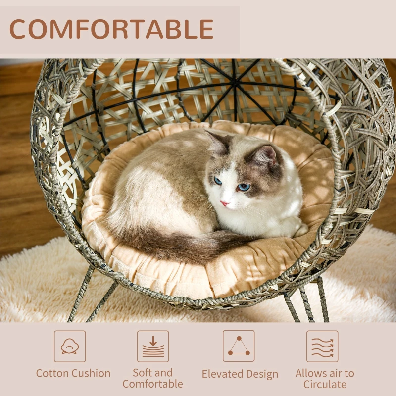 Pawhut Woven Rattan Wicker Elevated Cat Bed House Kitten Pussy Basket Ball Shaped Pet Furniture w/ Removable Cushion Smoky Grey 52 x 52 x 58 cm