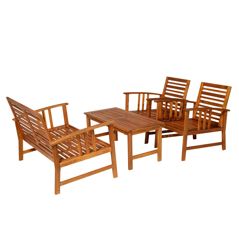 Outsunny Outdoor Indoor 4pcs Acacia Wood Furniture Set 1 Coffee Table 2 Armchairs & 1 Sofa with Cushions Patio Garden Conservatory