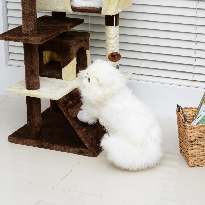 Pawhut Cat Tree Cat Condo W / Kitty Play Hammock-Coffee/Cream