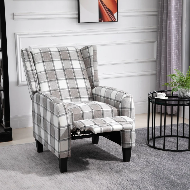 HOMCOM Polyester Upholstered Reclining Plaid Armchair w/ Retractable Footrest Grey