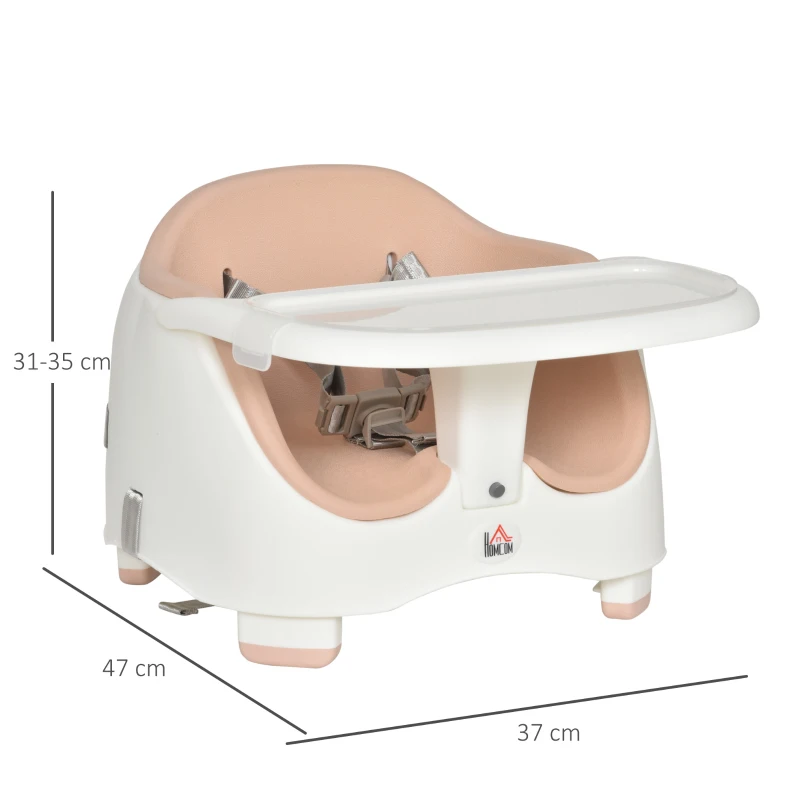 HOMCOM Baby Booster Seat for Dining Portable Toddler Feeding Chair  w/ 3 Point Harness Strap Height Adjustable Removable Cushion Detachable Tray Non-Slip Feet Pink