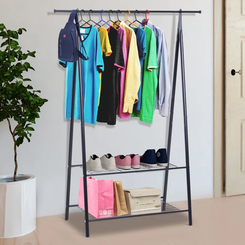 HOMCOM 2-Tier Metal Garment Rack Coat Rail Storage Shelves Shoes Clothes Stand Black Laundry Drying Tidy Rails Freestanding 108x47x147 cm
