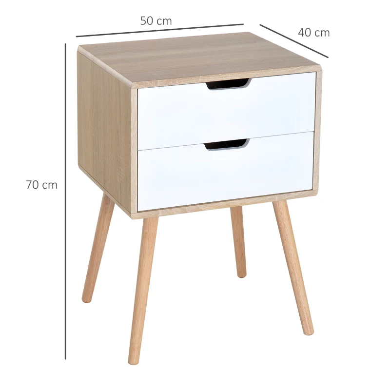 HOMCOM Freestanding Bedside Table with 2 Drawers, Wood Legs, Bedroom Nightstand, Cabinet Storage Organiser Unit, Oak