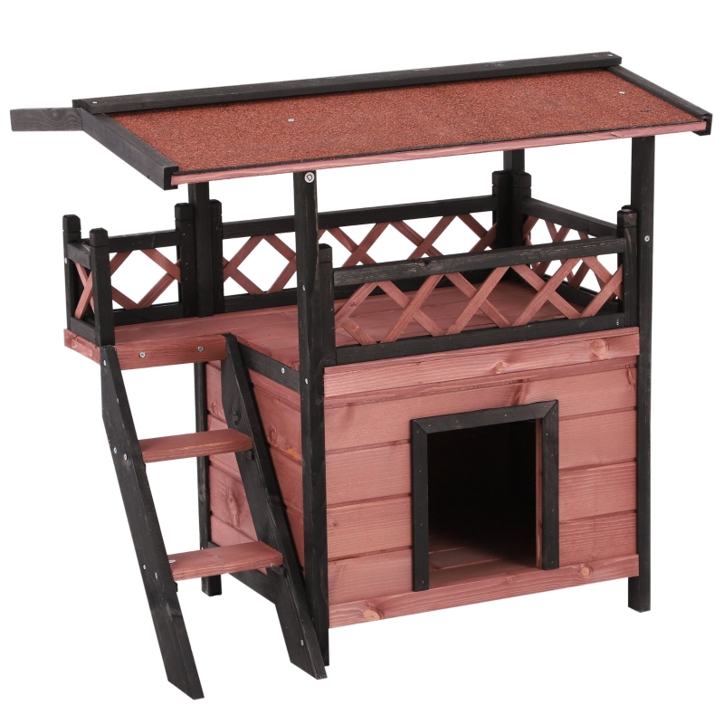 PawHut Wood Cat House Outdoor Luxury Wooden Room View Patio Weatherproof Shelter Puppy Garden Scratch Post Large Kennel Crate