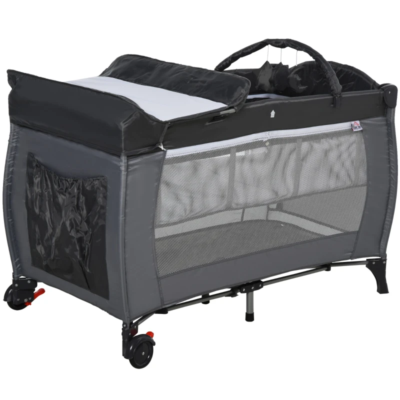 HOMCOM Portable Baby Infant Travel Cot Bassinet and Changing Top Metal Frame Mesh Panel Storage Pocket Locking Wheels 0-3 Yrs Grey
