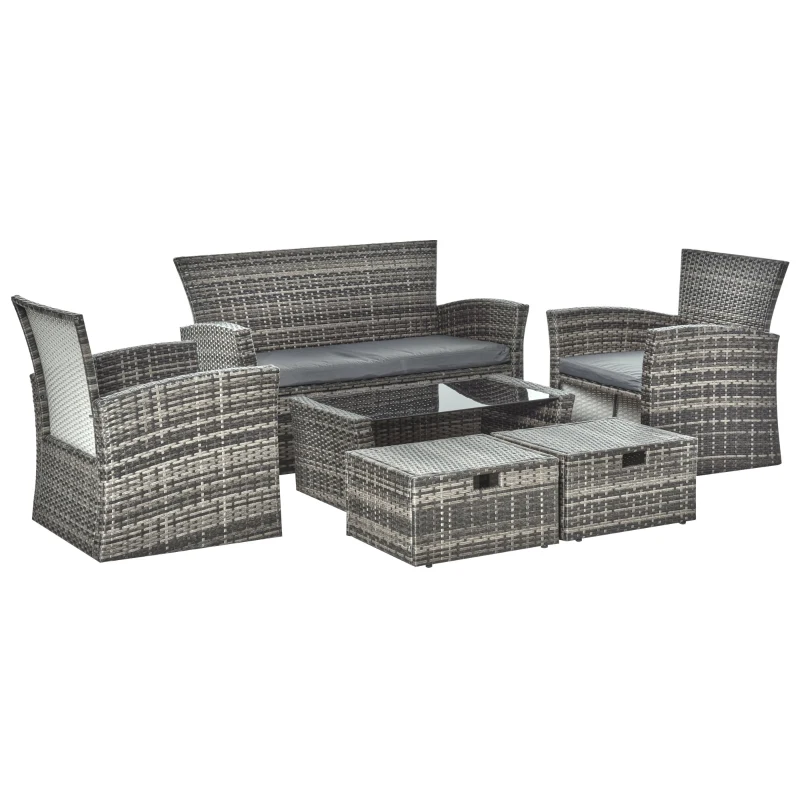 Outsunny 6 PCS Outdoor Patio Furniture Sets All Weather PE Rattan Chair Set Indoor Outdoor Backyard Garden Coffee Table w/ Two Ottoman & Cushions Grey