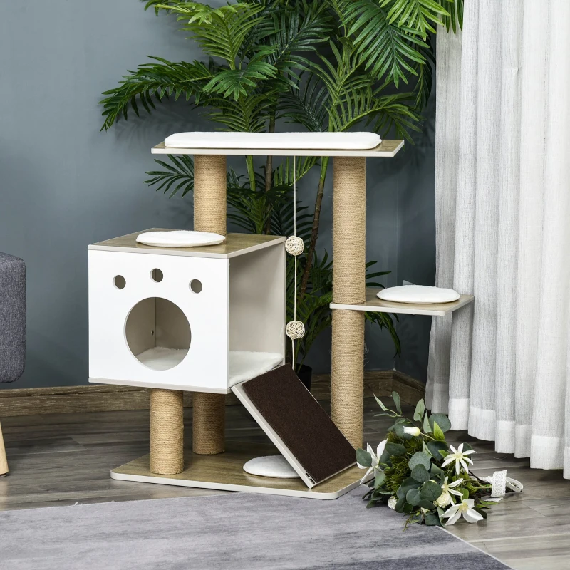 PawHut Cat Tree Tower for Indoor Cats 80cm Climbing Activity Center Kitten Furniture with Jute Scratching Post Pad Ramp Condo Perch Cushion Hanging Ball Velcro Light Grey