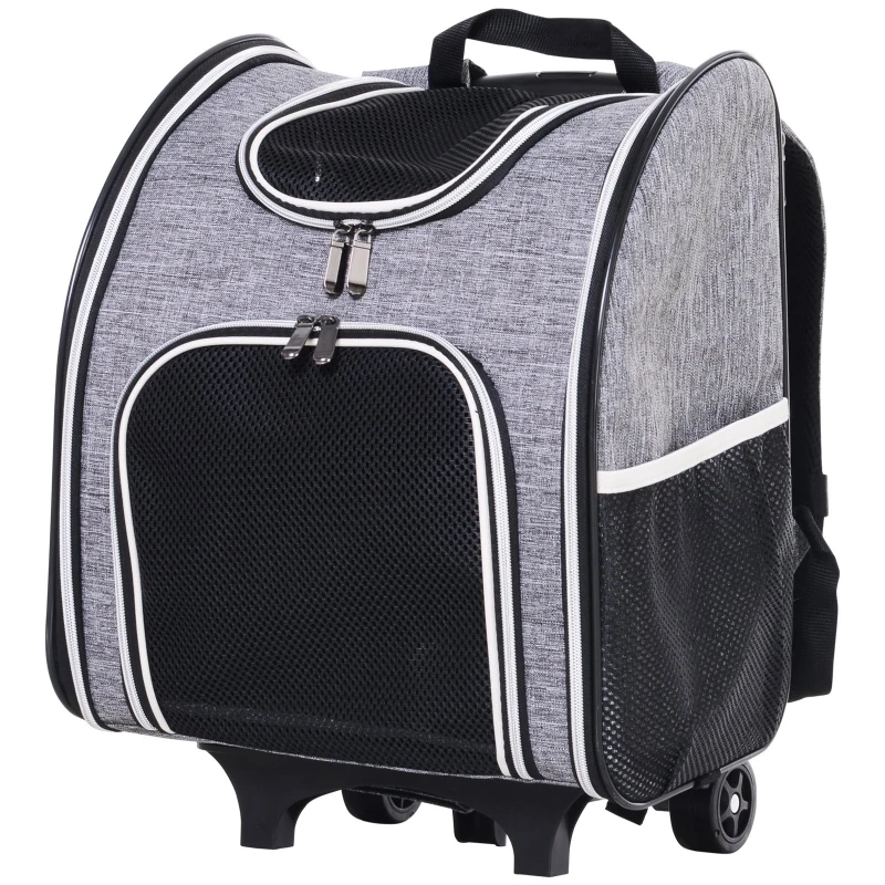 PawHut Pet Travel Trolley Suitcase Airline Suitable Carrier Backpack w/ Mesh Window Wheels and Padded Floor Grey