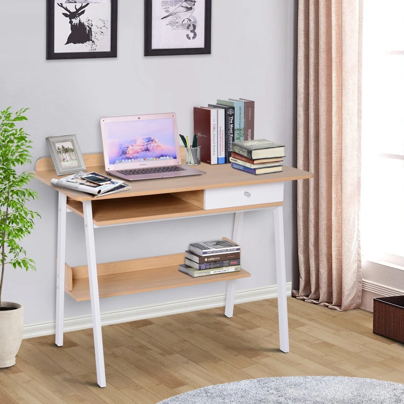 HOMCOM Metal Frame Computer Desk Office Workstation  w/Drawer Shelf White