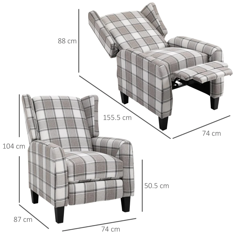 HOMCOM Polyester Upholstered Reclining Plaid Armchair w/ Retractable Footrest Grey