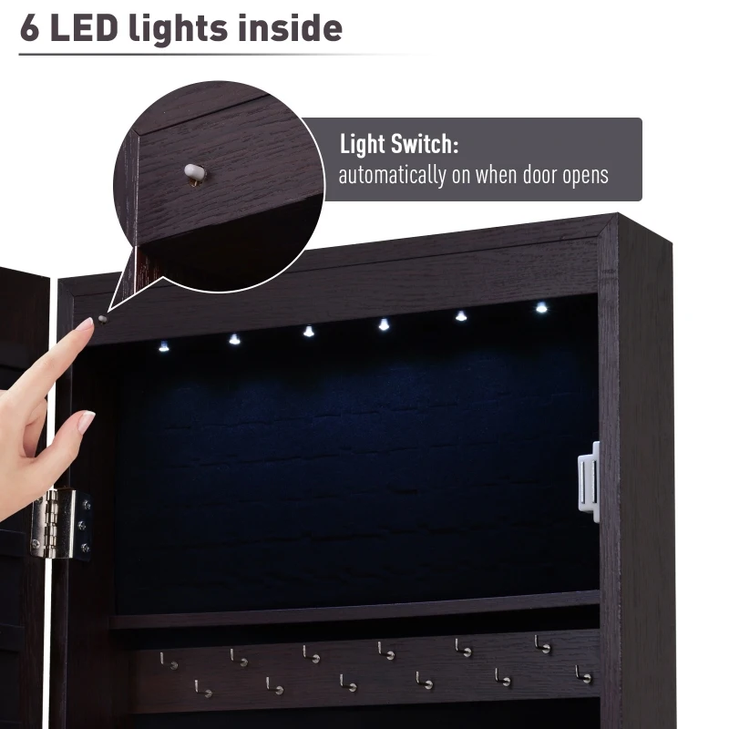 HOMCOM Jewelry Cabinet with Mirror and LED Lights, Lockable Makeup Cosmetics Jewellery Organiser, Mirror with Storage for Bedroom Dressing Room, Walnut