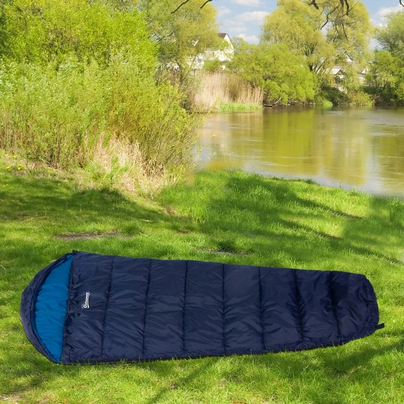 Outsunny Single Mummy Sleeping Bag Envelope Sleeping Bag 3 Season for Adults Warm Lightweight for Camping Hiking Outdoor, Blue, 210 x 75 x 5 cm