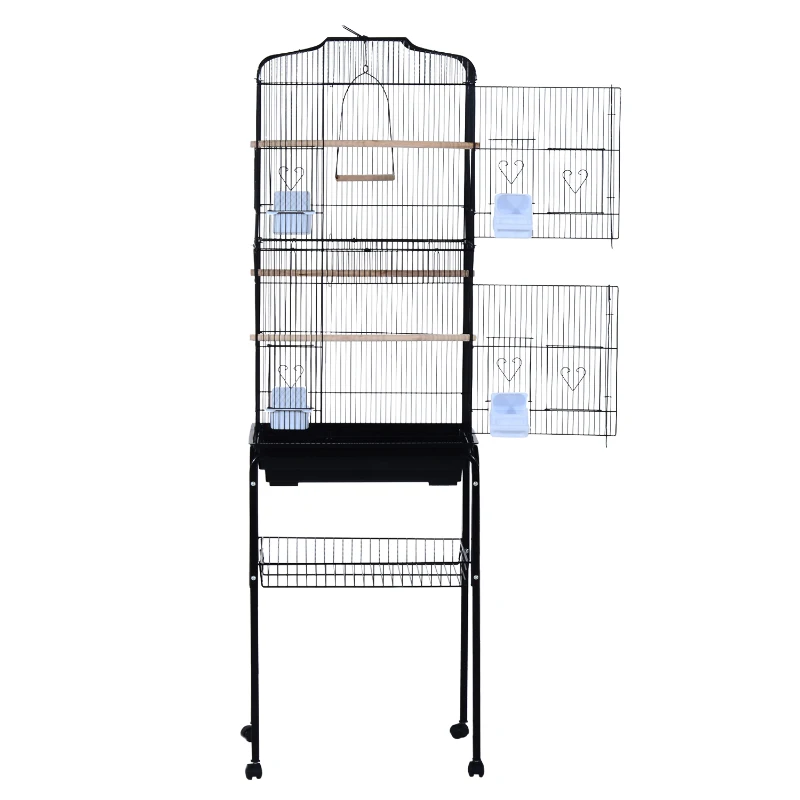 PawHut Large Metal Bird Cage with Breeding Stand Feeding Tray Wheels for Canary, Finch, Parakeet, Budgerigar, Black, 47.5 L x 37 W x 160 H (cm)