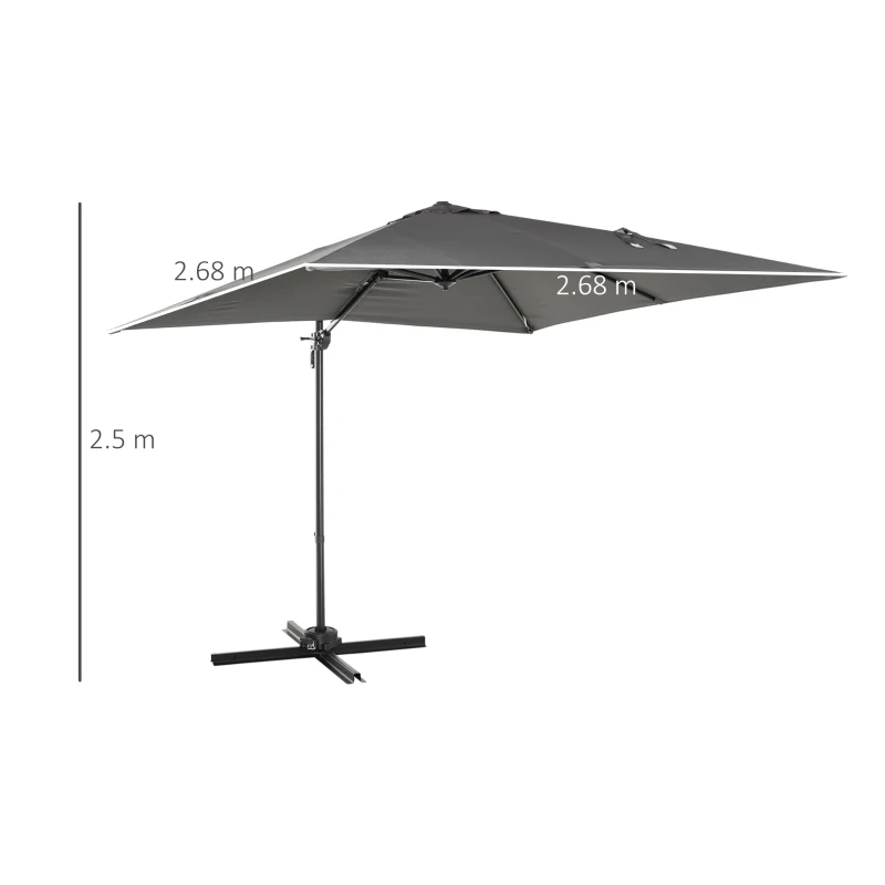 Outsunny 2.7 x 2.7 m Cantilever Parasol, Square Overhanging Umbrella with Cross Base, Crank Handle, Tilt, 360° Rotation and Aluminium Frame, Dark Grey