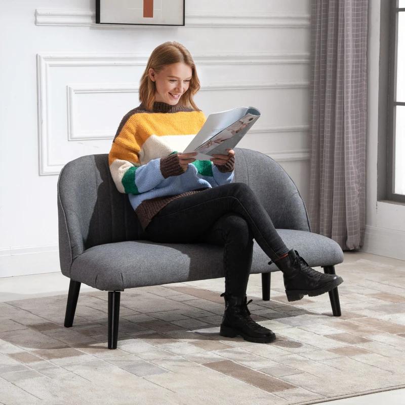 HOMCOM Linen Loveseat 2 Seater Sofa w/ Wood Legs Back Piping Foot Pads Compact Home Furniture Living Room Office Grey