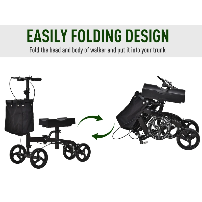 HOMCOM Metal Foldable Medical Knee Rest Rollators Walker Scooter W/ Storage Basket Black