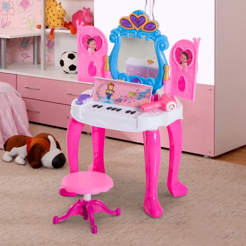 HOMCOM Kids Piano Dressing Table W/Stool Set-Pink/Blue