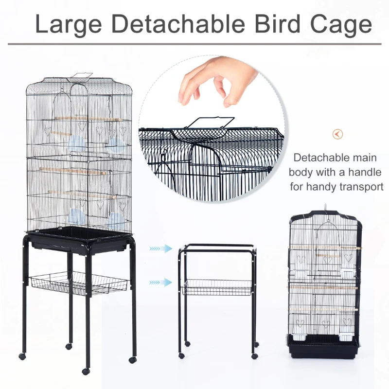 PawHut Large Metal Bird Cage with Breeding Stand Feeding Tray Wheels for Canary, Finch, Parakeet, Budgerigar, Black, 47.5 L x 37 W x 160 H (cm)