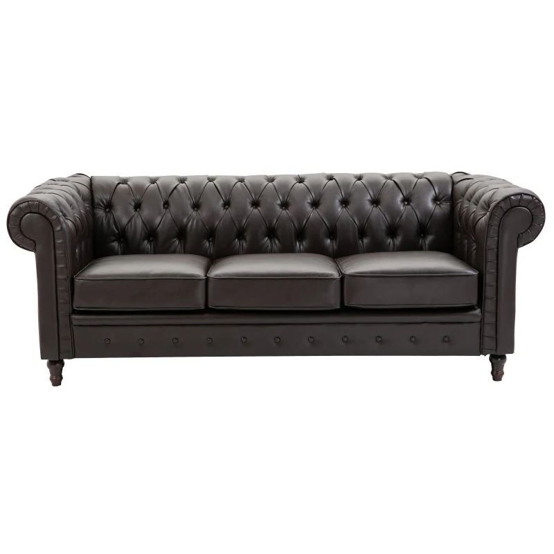 HOMCOM Tufted PU Leather 3-Seater Sofa on Solid Wood Legs Dark Brown
