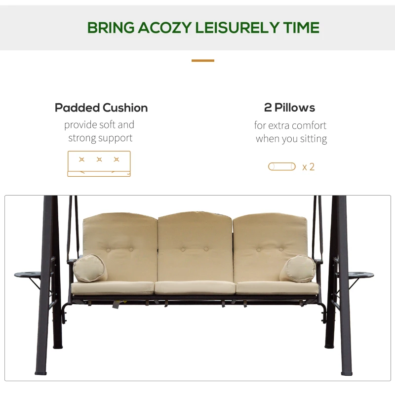 Outsunny Swing Chair Hammock Chair 3 Seater Canopy Cushion Shelter Outdoor Bench Steel Beige