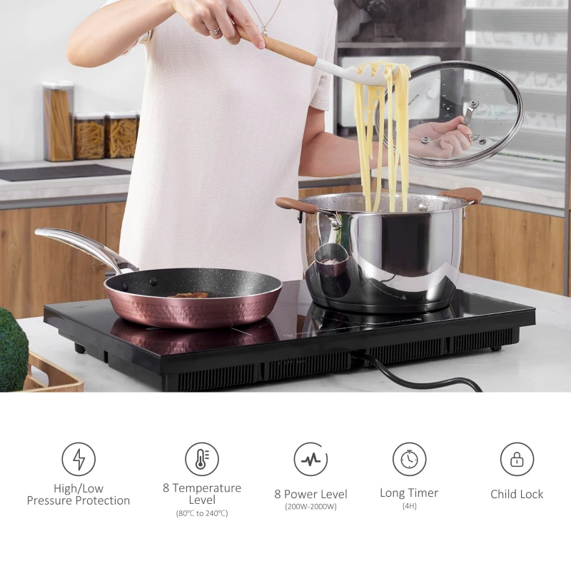 HOMCOM Portable Induction Hob Double Induction Cooker 2800W Twin Hot Plate Electric Cooktop with 8 Power & Temperature Levels 4H Timer Child Lock Sensor Touch LED Display Crystal Glass