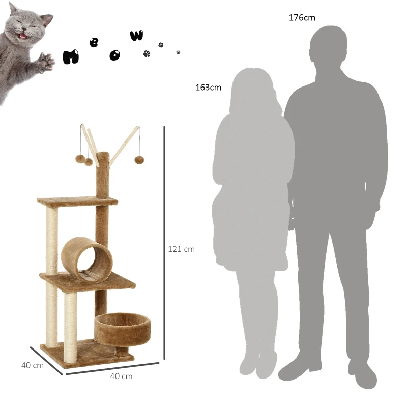 PawHut Cat Tree for Indoor Cats 121cm Kitten Tower Sisal Scratching Post Pet Activity Center Perch Condo Hanging Ball Brown
