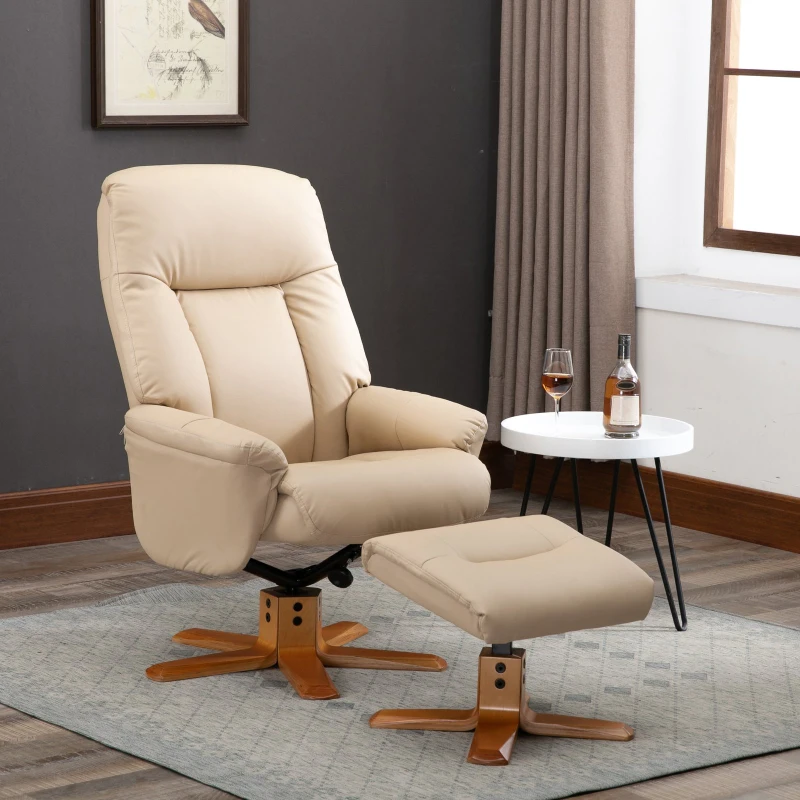 HOMCOM PU Leather Recliner Armchair & Footrest 2 Pcs Duo Set Beige