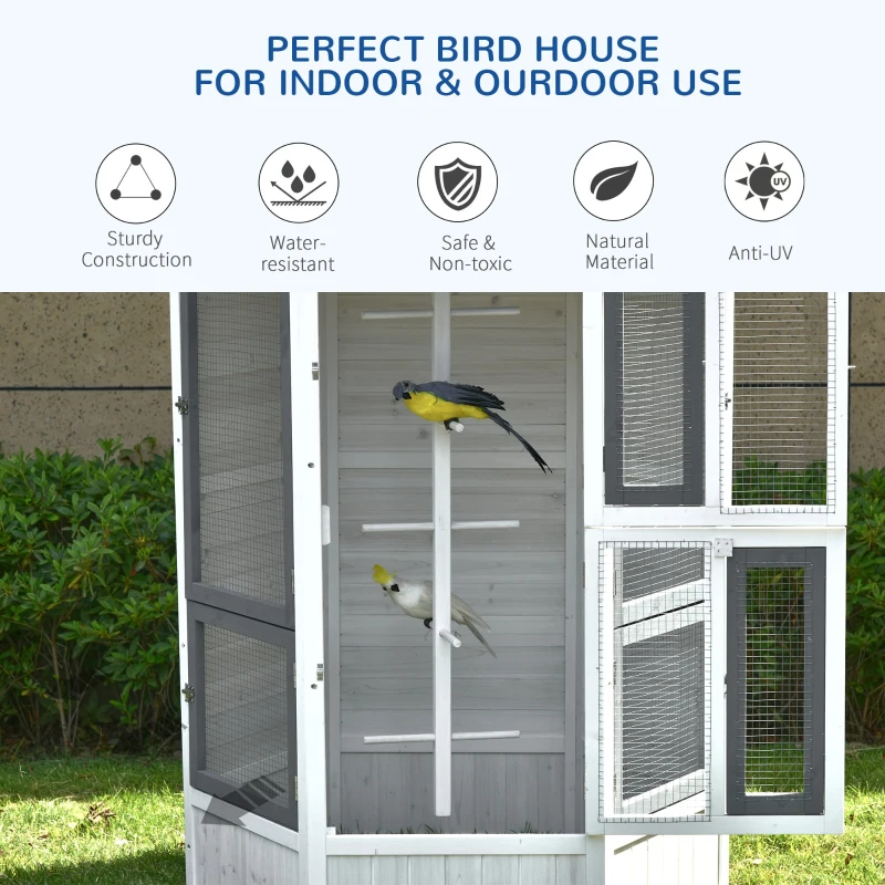 PawHut Large Wooden Aviary Bird Cage House for Budgie Canary Cockatiel Parrot Playing Zone with Perch Indoor Outdoor 125 x 125 x 183cm