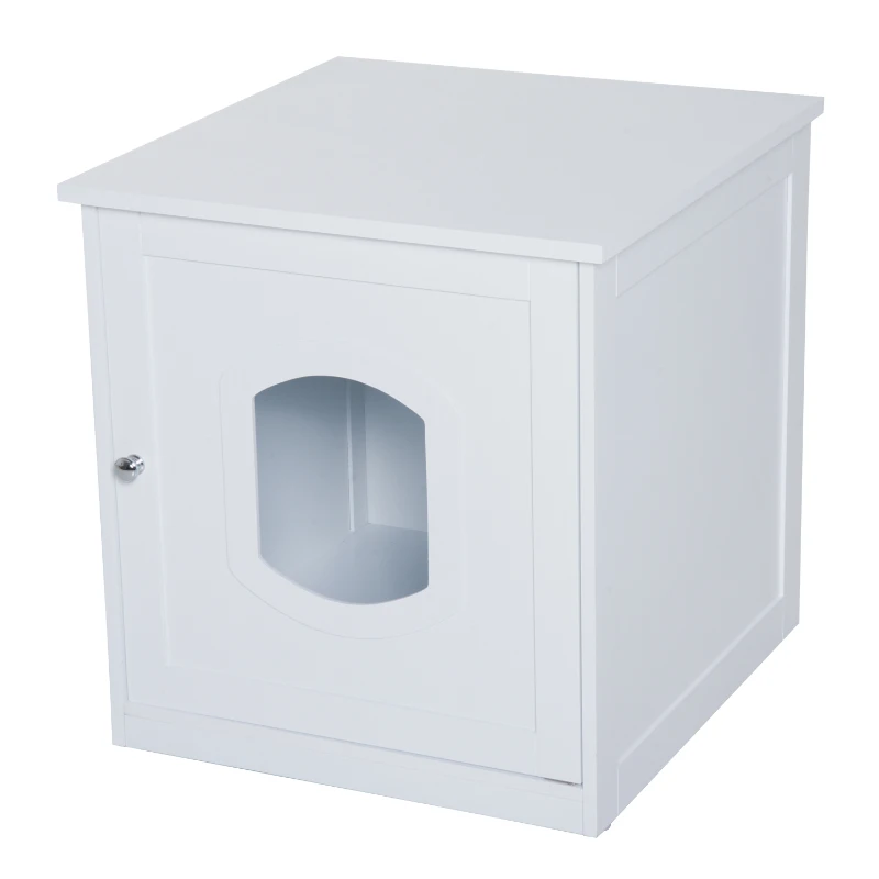 PawHut 2 in 1 Litter Box Enclosure Toilet Wooden Cat House Litter Tray Cover Pet Bed Home Furniture for Living Room Bedroom 51x51x50.5cm (White)