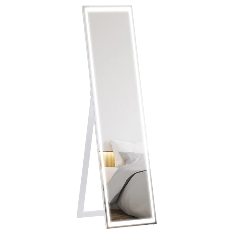 HOMCOM Full-Length Mirror with LED Lights, Free Standing Floor Mirror, Wall Mounted Hanging Mirror, Lighted Vanity Dressing Mirror for Bedroom