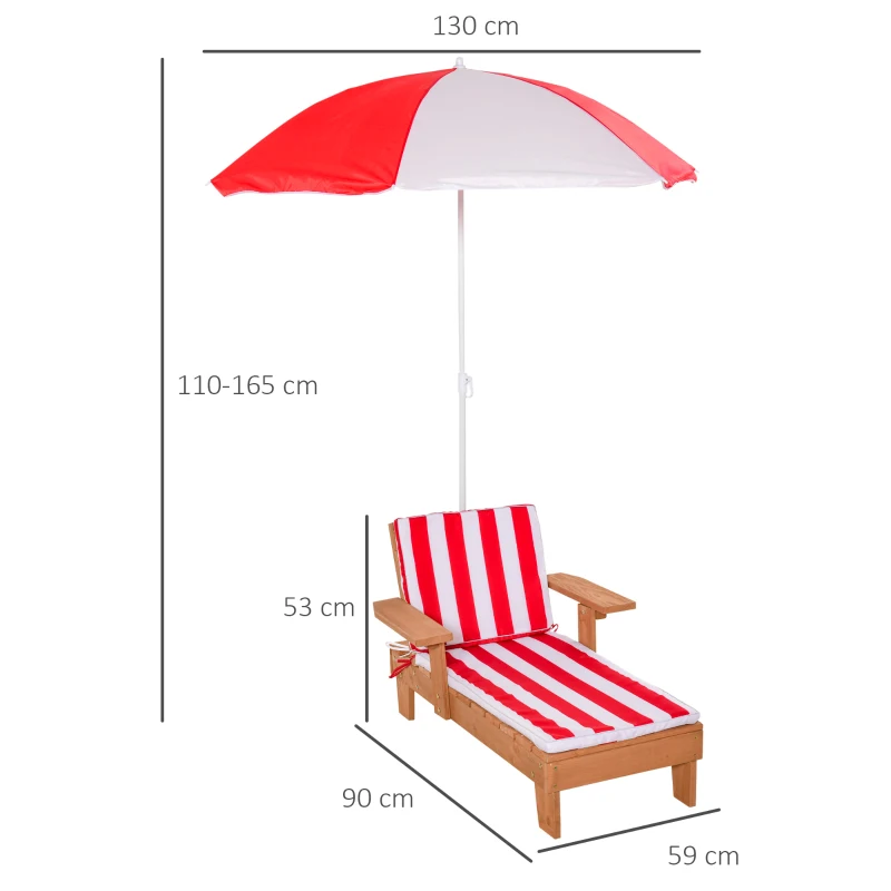 Outsunny Wooden Kids Sun Lounger with Foldable Adjustable Parasol Cushion Outdoor Patio Garden Furniture Red 90 x 59 x 53cm